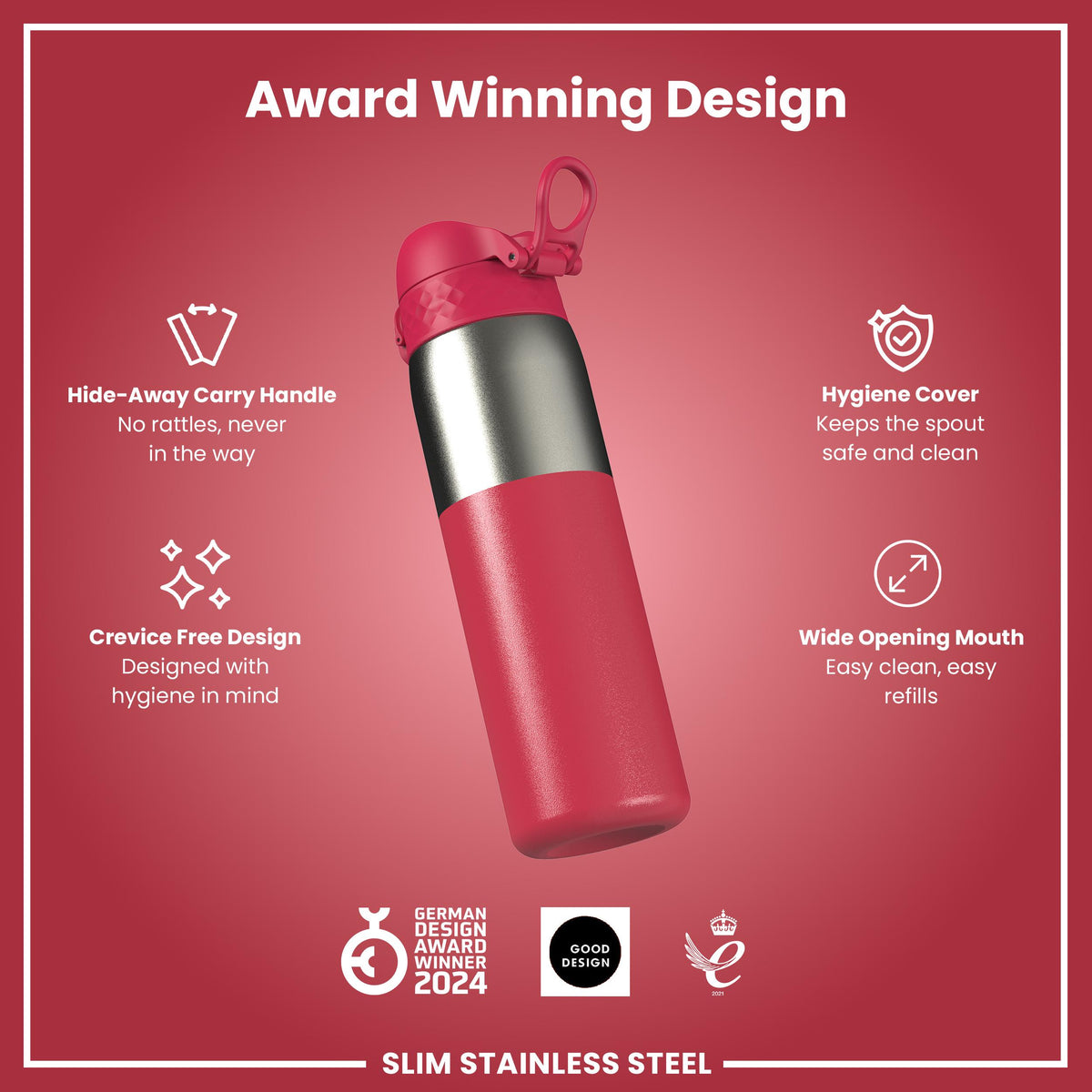 Leak Proof Slim Water Bottle, Stainless Steel, Half-Cut, Magenta, 600ml (20oz)