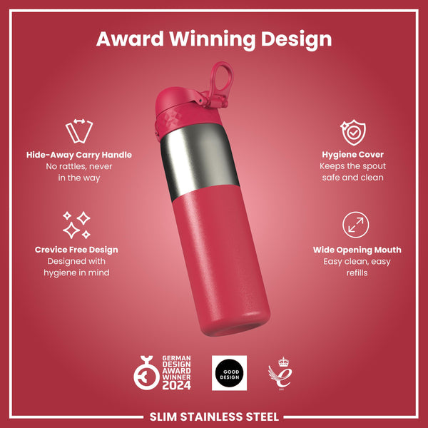 Leak Proof Slim Water Bottle, Stainless Steel, Half-Cut, Magenta, 600ml (20oz)