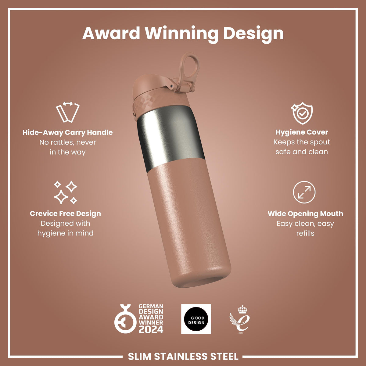 Leak Proof Slim Water Bottle, Stainless Steel, Mocha, 600ml (20oz)