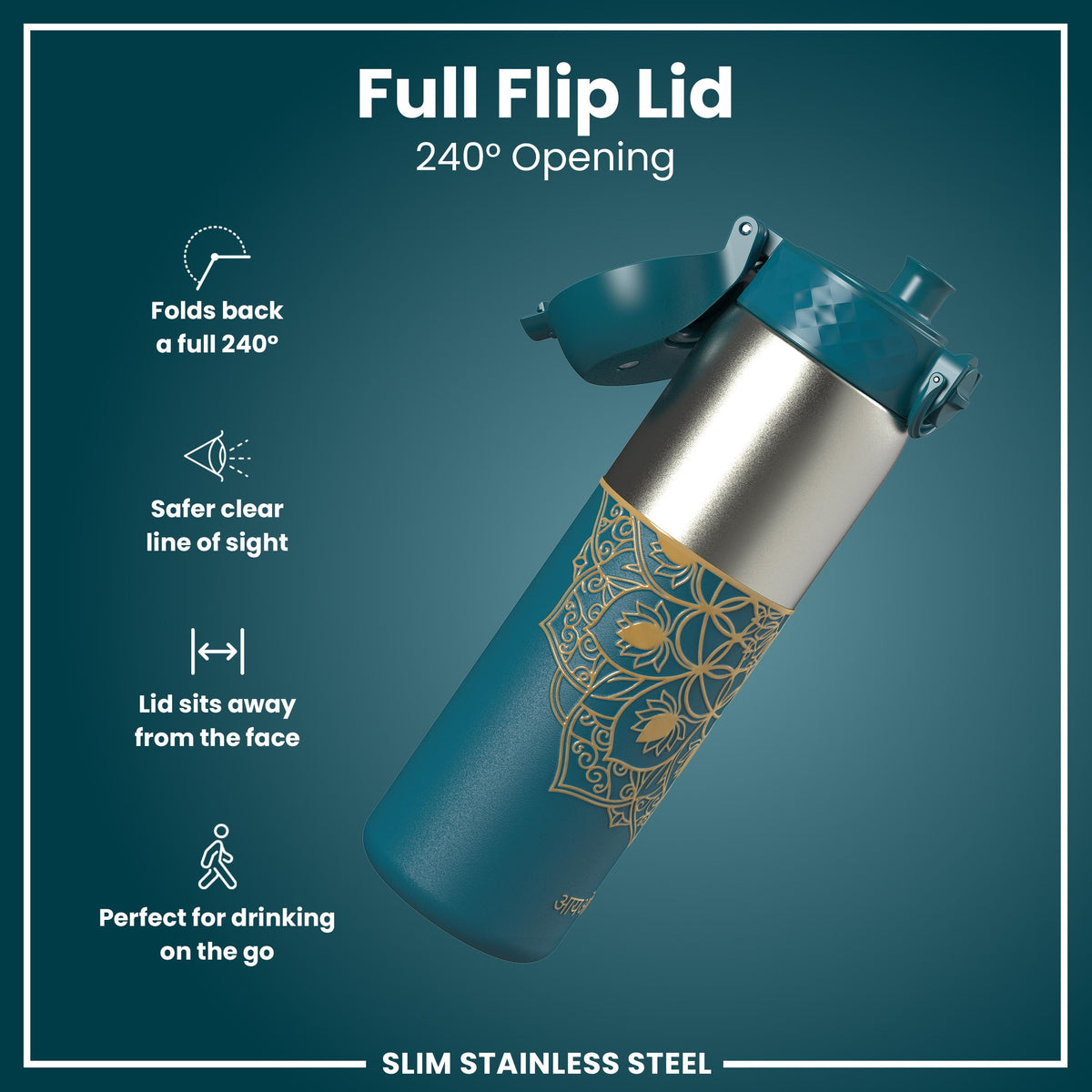 Leak Proof Slim Water Bottle, Stainless Steel, Half-Cut, Mandalas, 600ml (20oz)