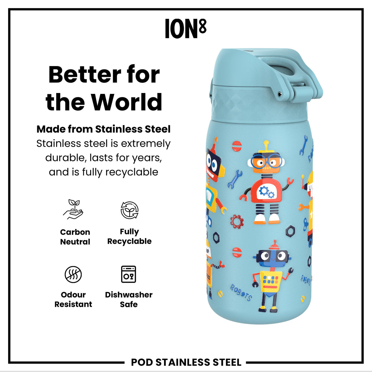 Leak Proof Water Bottle, Stainless Steel, Robots, 400ml (13oz)