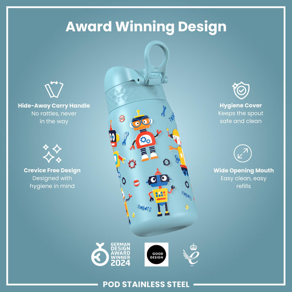 Leak Proof Water Bottle, Stainless Steel, Robots, 400ml (13oz)