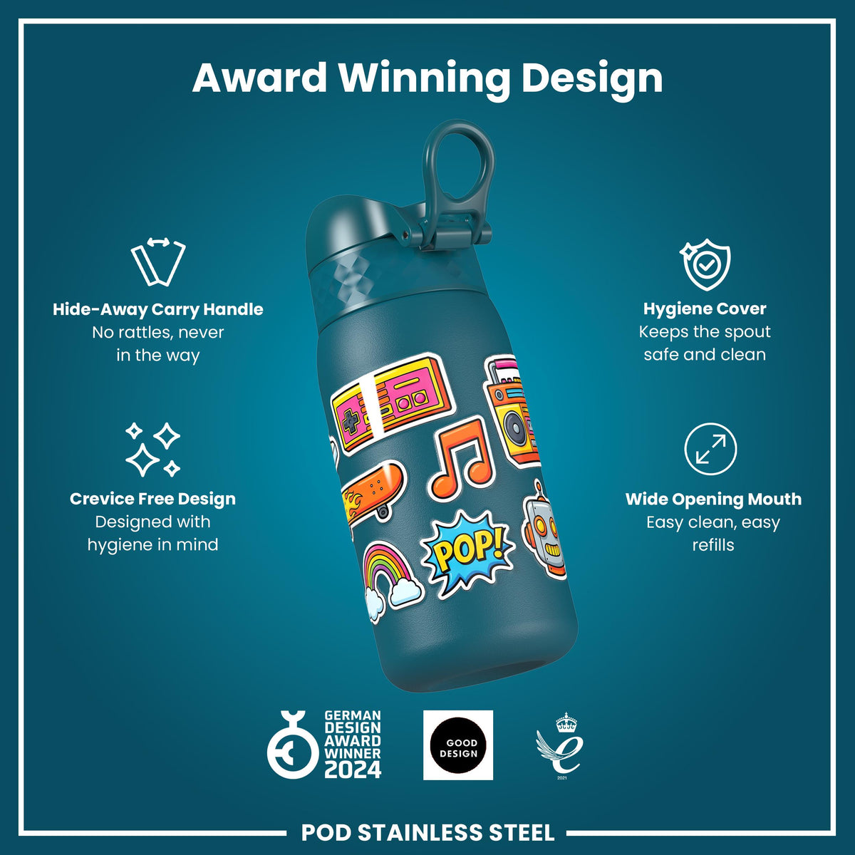 Leak Proof Water Bottle, Stainless Steel, Stickers, 400ml (13oz)