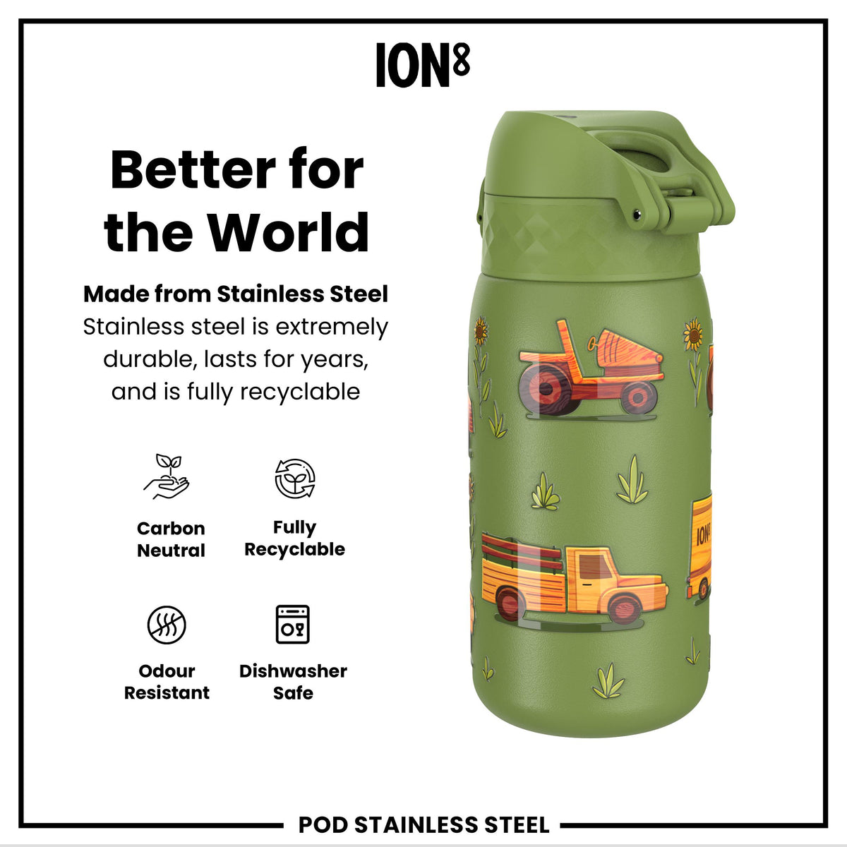 Leak Proof Water Bottle, Stainless Steel, Farm Machines, 400ml (13oz)