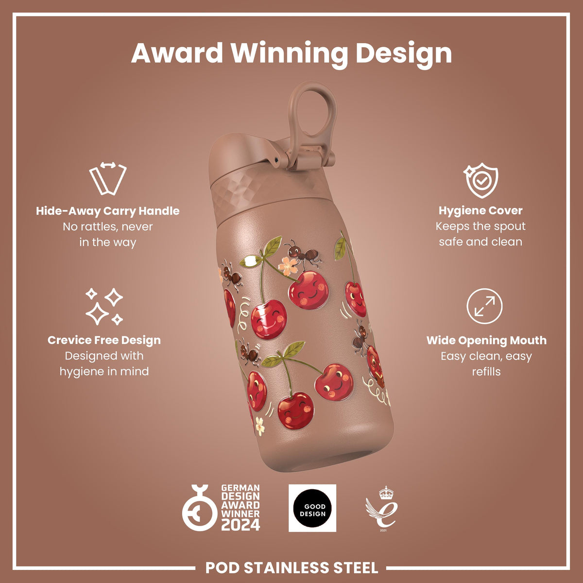 Leak Proof Water Bottle, Stainless Steel, Cherries, 400ml (13oz)