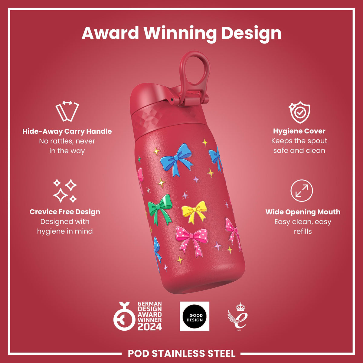 Leak Proof Water Bottle, Stainless Steel, Bows, 400ml (13oz)