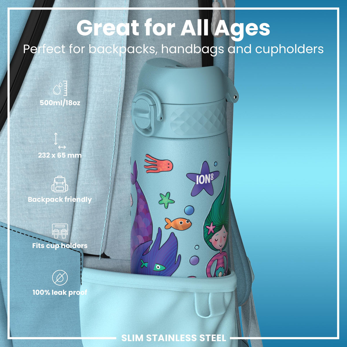 Leak Proof Slim Water Bottle, Stainless Steel, Mermaids, 600ml (20oz)