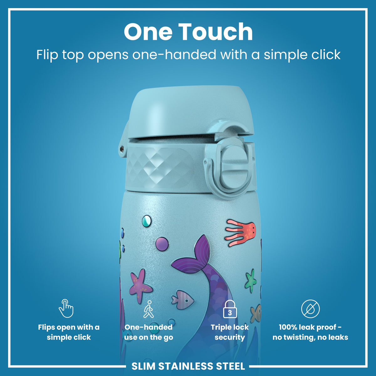 Leak Proof Slim Water Bottle, Stainless Steel, Mermaids, 600ml (20oz)