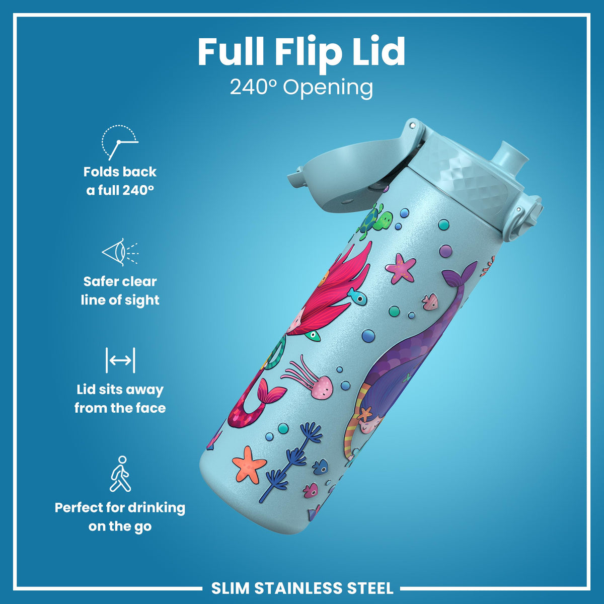 Leak Proof Slim Water Bottle, Stainless Steel, Mermaids, 600ml (20oz)