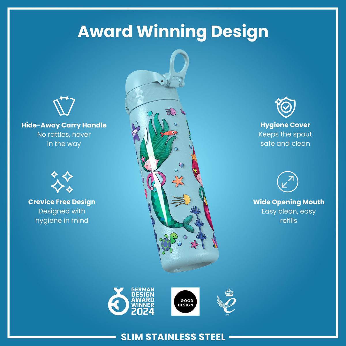 Leak Proof Slim Water Bottle, Stainless Steel, Mermaids, 600ml (20oz)