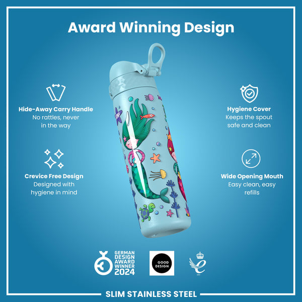Leak Proof Slim Water Bottle, Stainless Steel, Mermaids, 600ml (20oz)