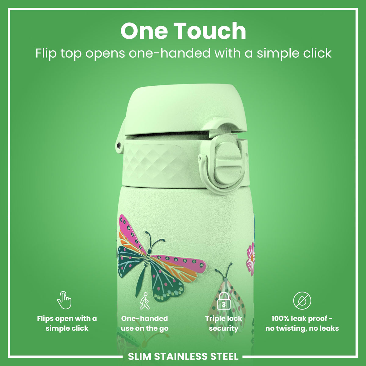 Leak Proof Slim Water Bottle, Stainless Steel, Wild Butterfly, 600ml (20oz)