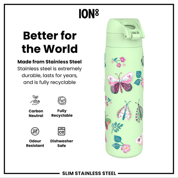 Leak Proof Slim Water Bottle, Stainless Steel, Wild Butterfly, 600ml (20oz)