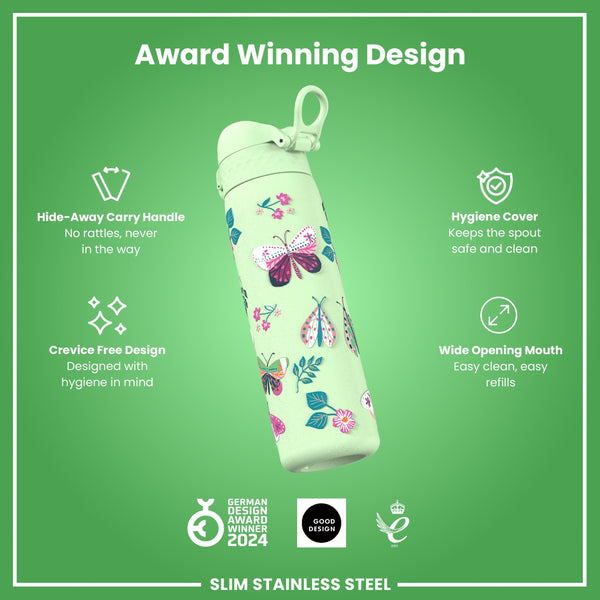 Leak Proof Slim Water Bottle, Stainless Steel, Wild Butterfly, 600ml (20oz)