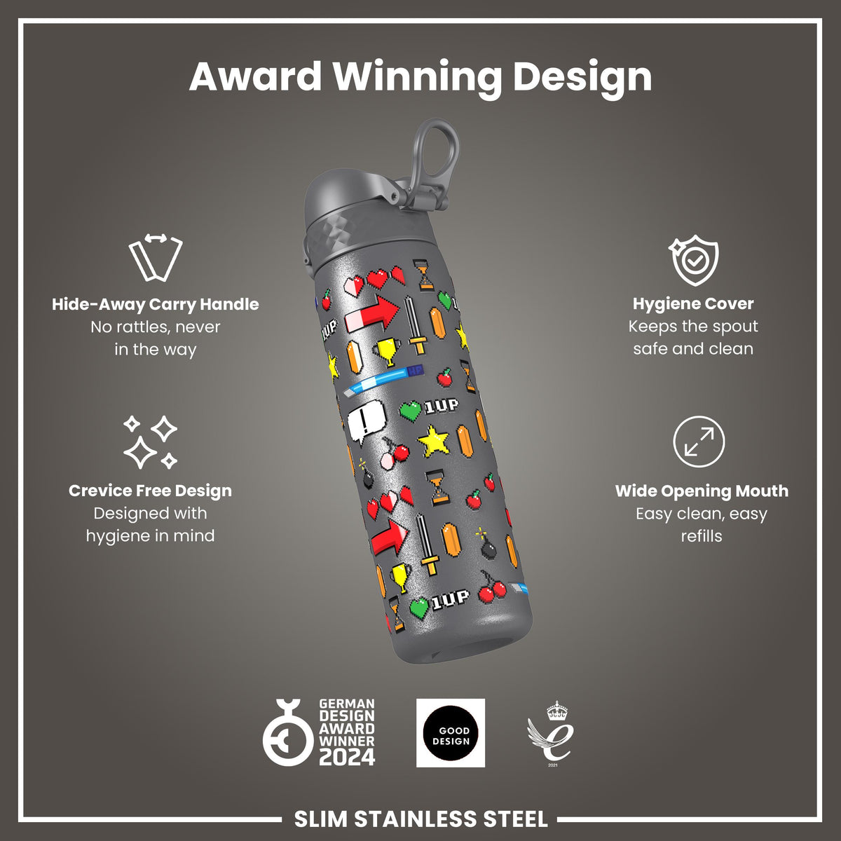 Leak Proof Slim Water Bottle, Stainless Steel, Gamer, 600ml (20oz)