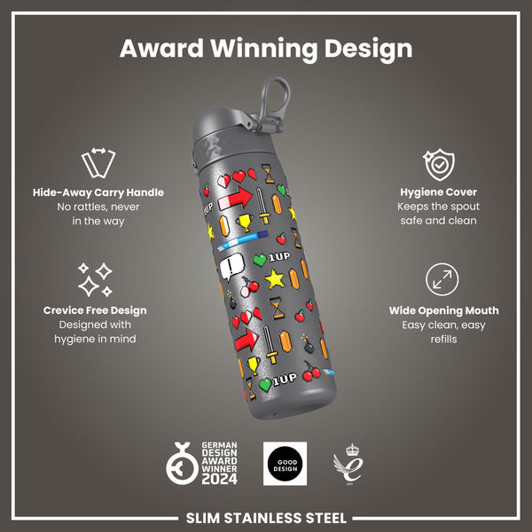 Leak Proof Slim Water Bottle, Stainless Steel, Gamer, 600ml (20oz)