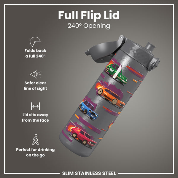 Leak Proof Slim Water Bottle, Stainless Steel, Sports Cars, 600ml (20oz)