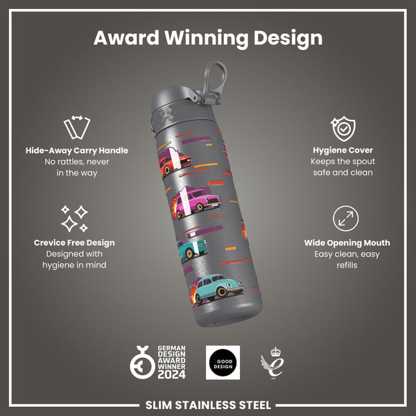 Leak Proof Slim Water Bottle, Stainless Steel, Sports Cars, 600ml (20oz)