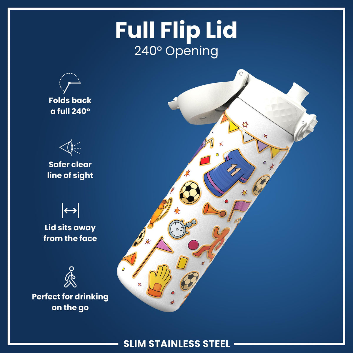Leak Proof Slim Water Bottle, Stainless Steel, Football, 600ml (20oz)