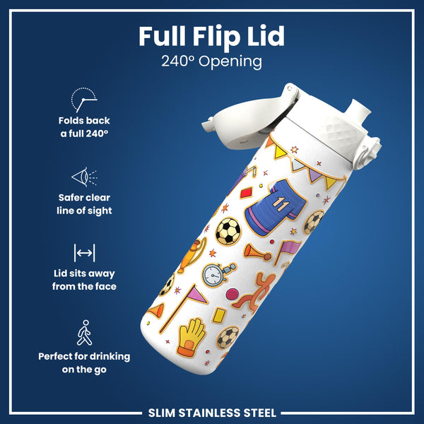 Leak Proof Slim Water Bottle, Stainless Steel, Football, 600ml (20oz)