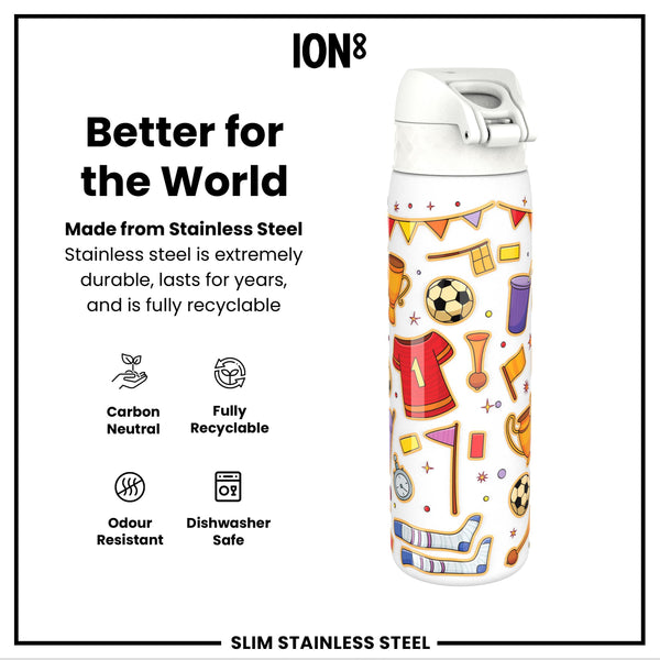Leak Proof Slim Water Bottle, Stainless Steel, Football, 600ml (20oz)