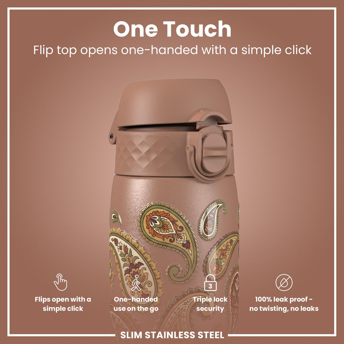 Leak Proof Slim Water Bottle, Stainless Steel, Paisley, 600ml (20oz)