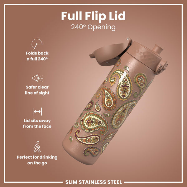 Leak Proof Slim Water Bottle, Stainless Steel, Paisley, 600ml (20oz)