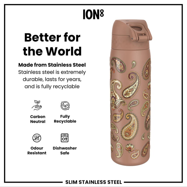 Leak Proof Slim Water Bottle, Stainless Steel, Paisley, 600ml (20oz)