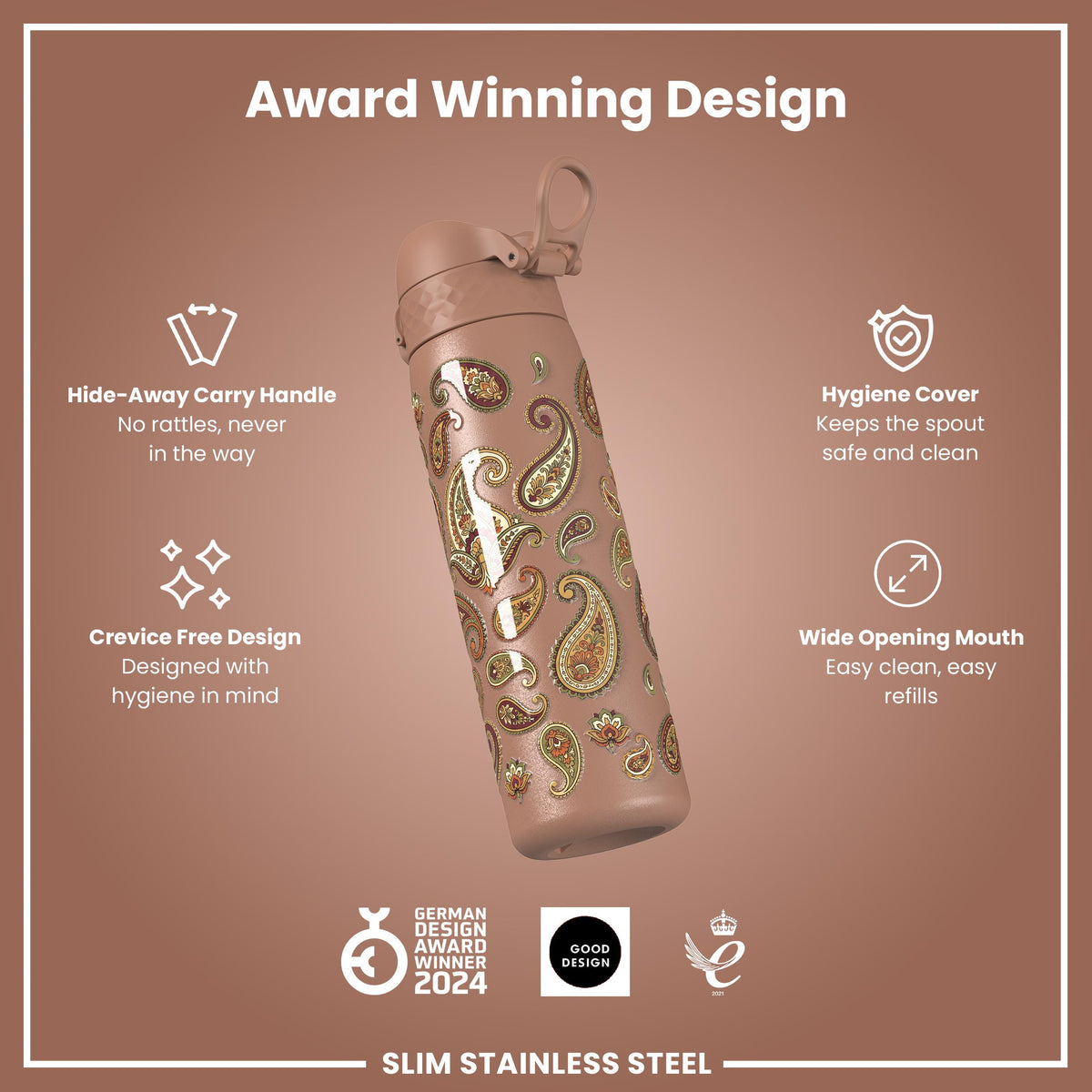 Leak Proof Slim Water Bottle, Stainless Steel, Paisley, 600ml (20oz)