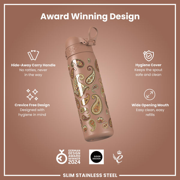 Leak Proof Slim Water Bottle, Stainless Steel, Paisley, 600ml (20oz)