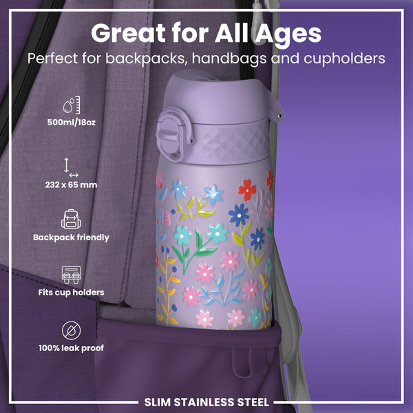 Leak Proof Slim Water Bottle, Stainless Steel, Delicate Floral, 600ml (20oz)