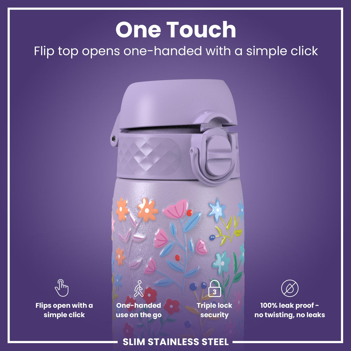 Leak Proof Slim Water Bottle, Stainless Steel, Delicate Floral, 600ml (20oz)