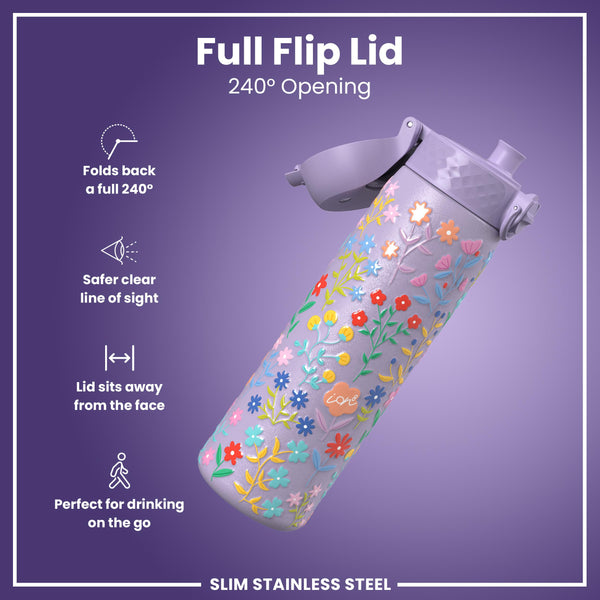 Leak Proof Slim Water Bottle, Stainless Steel, Delicate Floral, 600ml (20oz)
