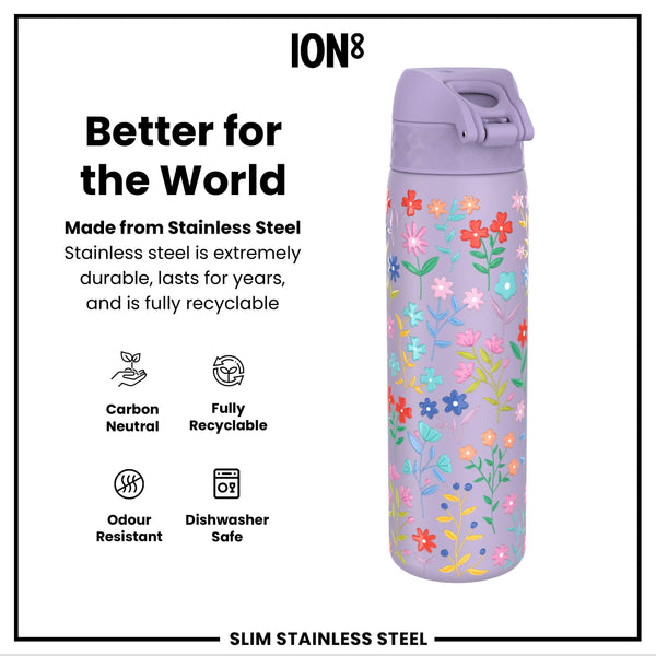 Leak Proof Slim Water Bottle, Stainless Steel, Delicate Floral, 600ml (20oz)