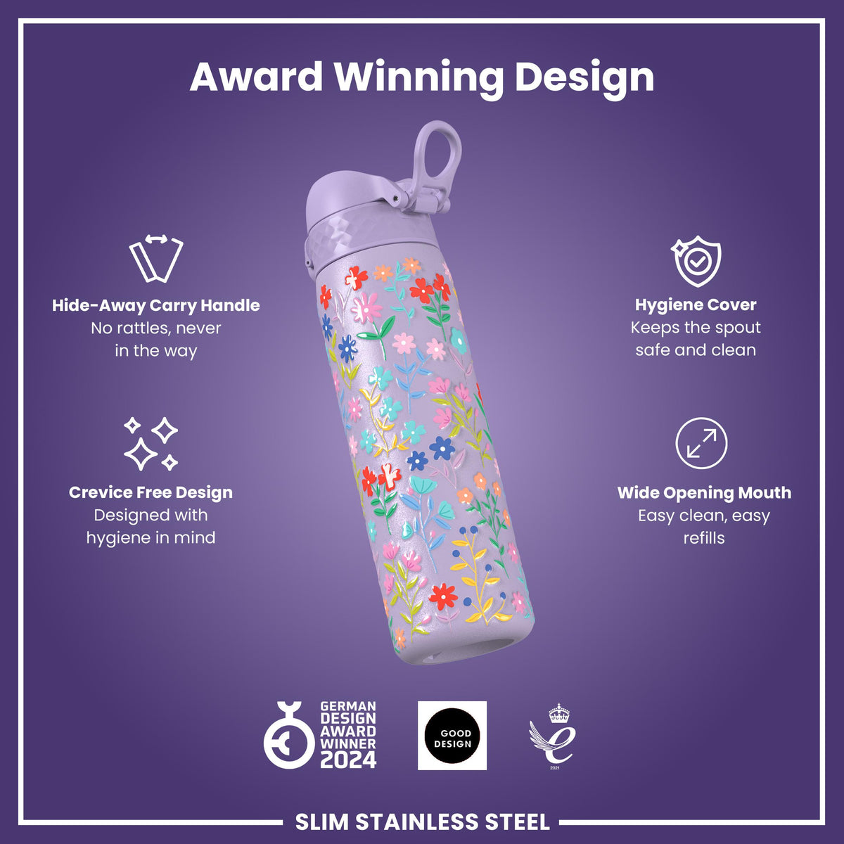 Leak Proof Slim Water Bottle, Stainless Steel, Delicate Floral, 600ml (20oz)