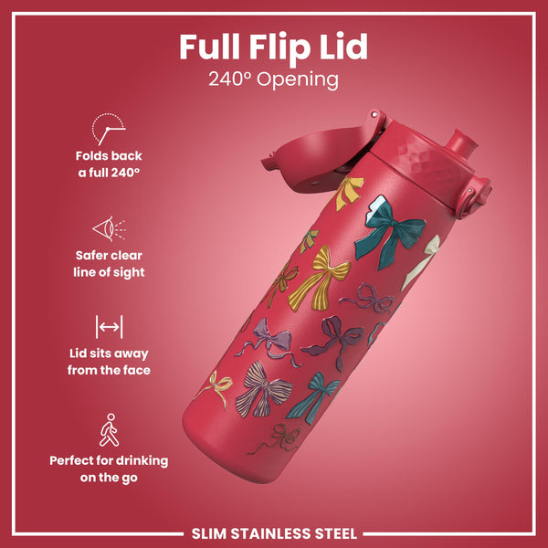 Leak Proof Slim Water Bottle, Stainless Steel, Bows, 600ml (20oz)