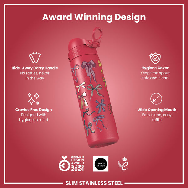 Leak Proof Slim Water Bottle, Stainless Steel, Bows, 600ml (20oz)
