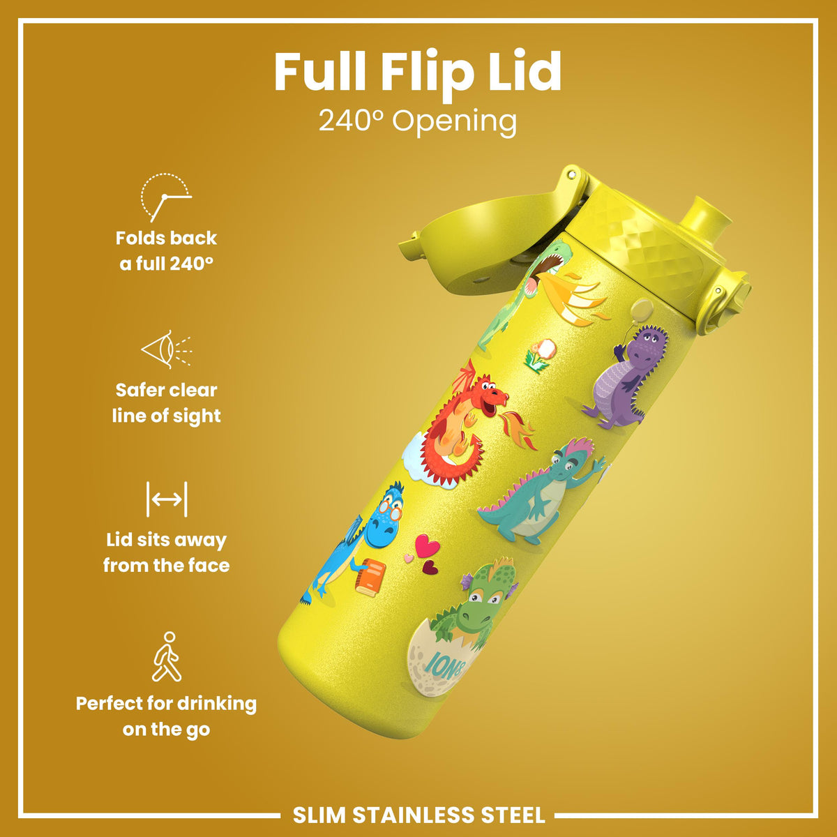 Leak Proof Slim Water Bottle, Stainless Steel, Dragons, 600ml (20oz)