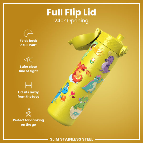 Leak Proof Slim Water Bottle, Stainless Steel, Dragons, 600ml (20oz)