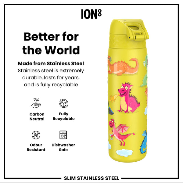 Leak Proof Slim Water Bottle, Stainless Steel, Dragons, 600ml (20oz)