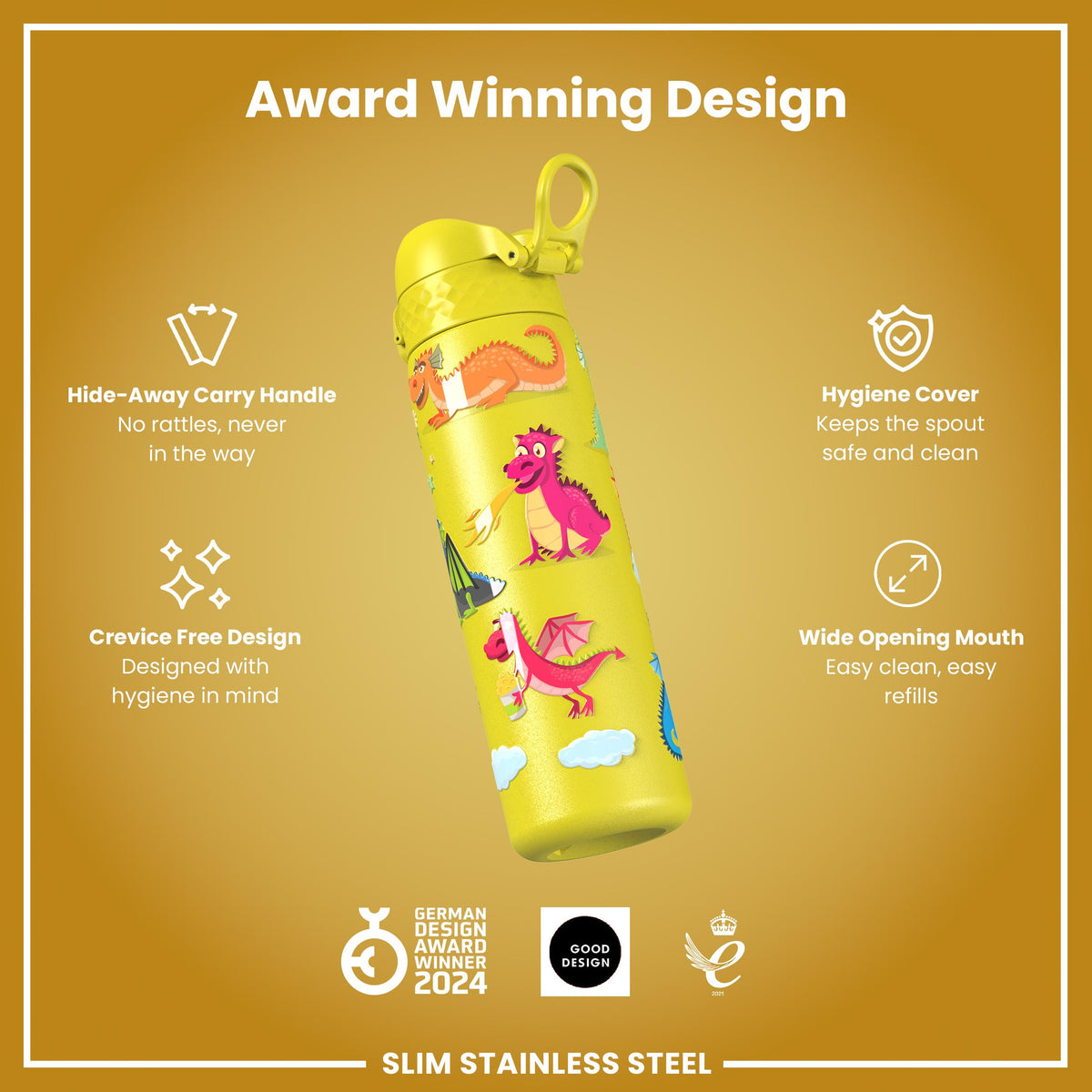 Leak Proof Slim Water Bottle, Stainless Steel, Dragons, 600ml (20oz)