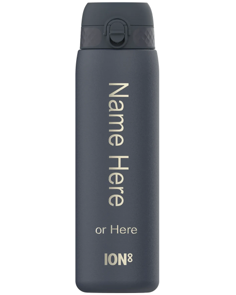 A gray water bottle stands upright featuring a flip-top lid with text saying "Name Here or Here ION8" printed vertically on its body against a white background.