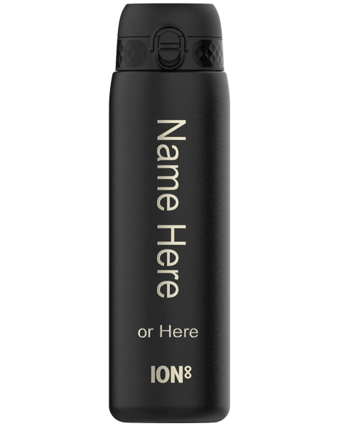 A black water bottle stands upright with the text "Name Here or Here ION8" printed vertically on its surface in an isolated setting.