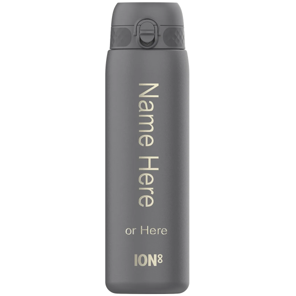 Gray water bottle stands upright displaying text "Name Here or Here ION8" with a flip-top lid against a plain white background.