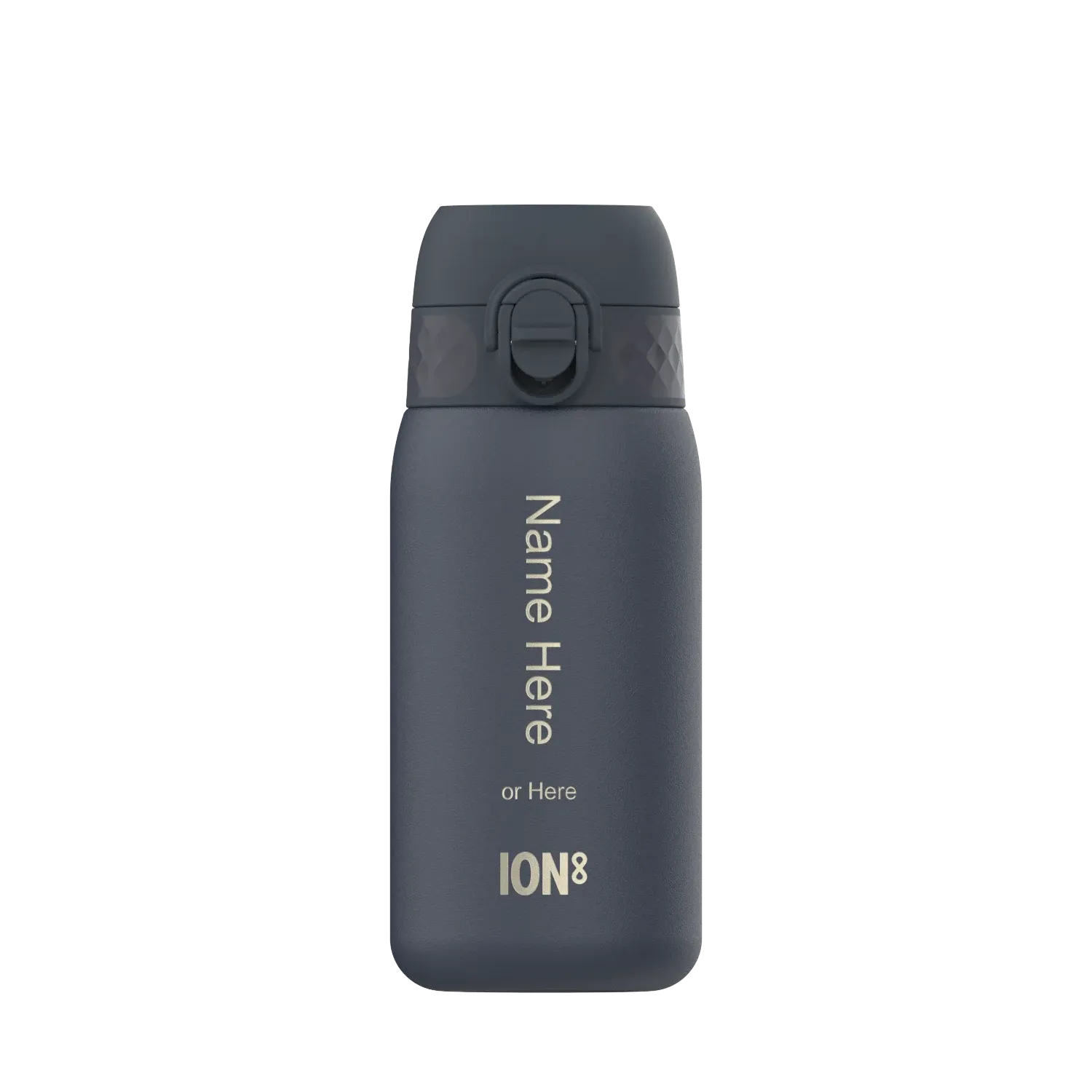 A dark gray water bottle stands upright featuring a flip-top lid and customization text: "Name Here or Here ION8" displayed vertically in a plain white setting.