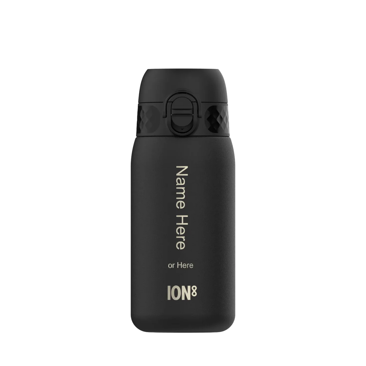 A matte black water bottle with a secure flip-top lid stands against a plain background Text on the bottle includes Name Here or Here ION8