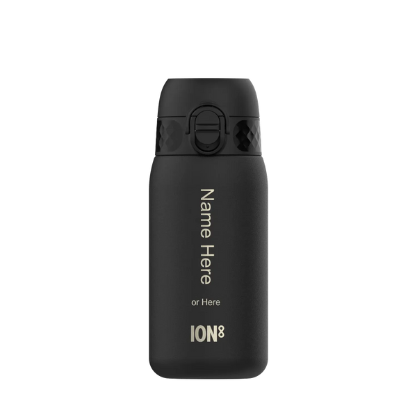 A matte black water bottle with a secure flip-top lid stands against a plain background Text on the bottle includes Name Here or Here ION8