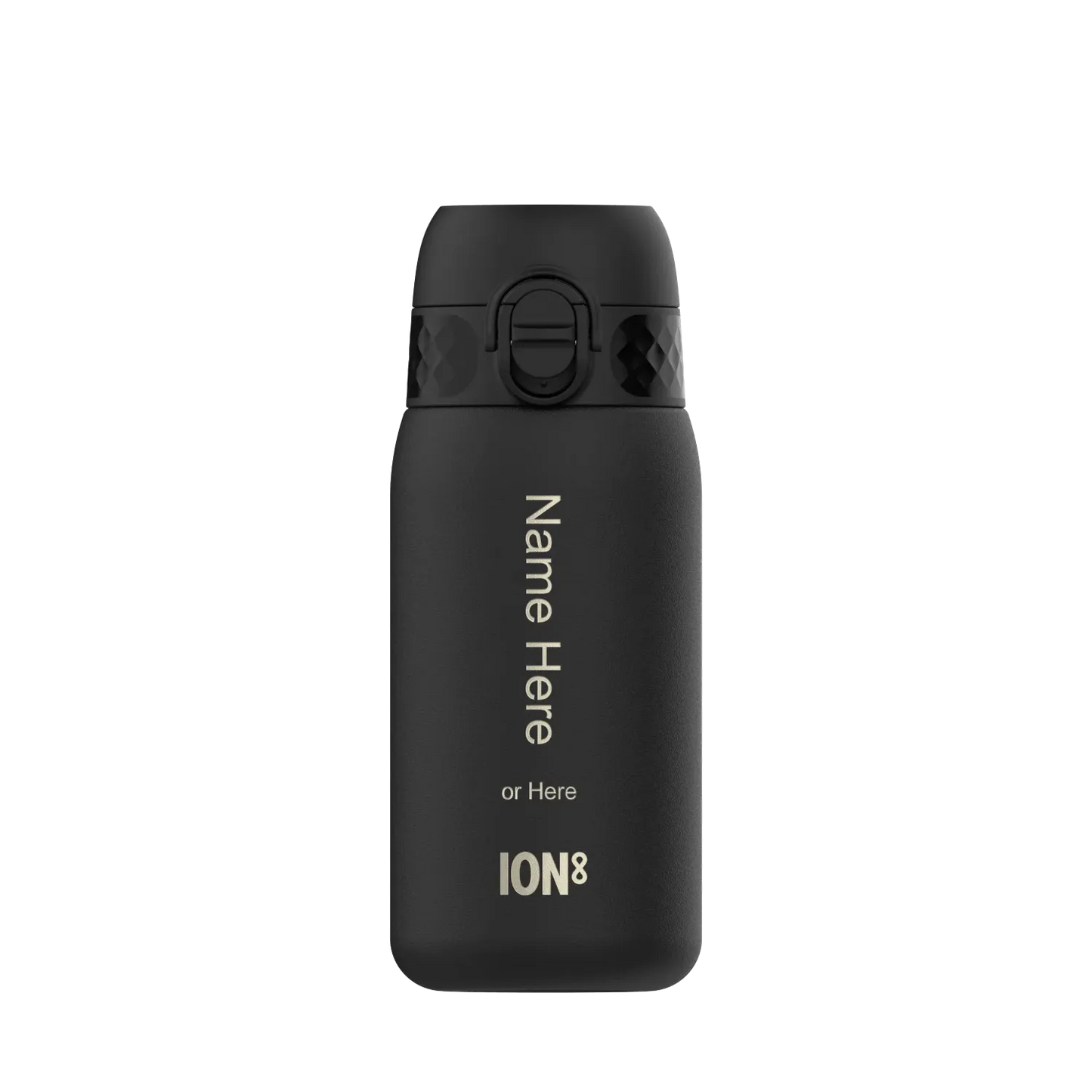 A matte black water bottle with a secure flip-top lid stands against a plain background Text on the bottle includes Name Here or Here ION8
