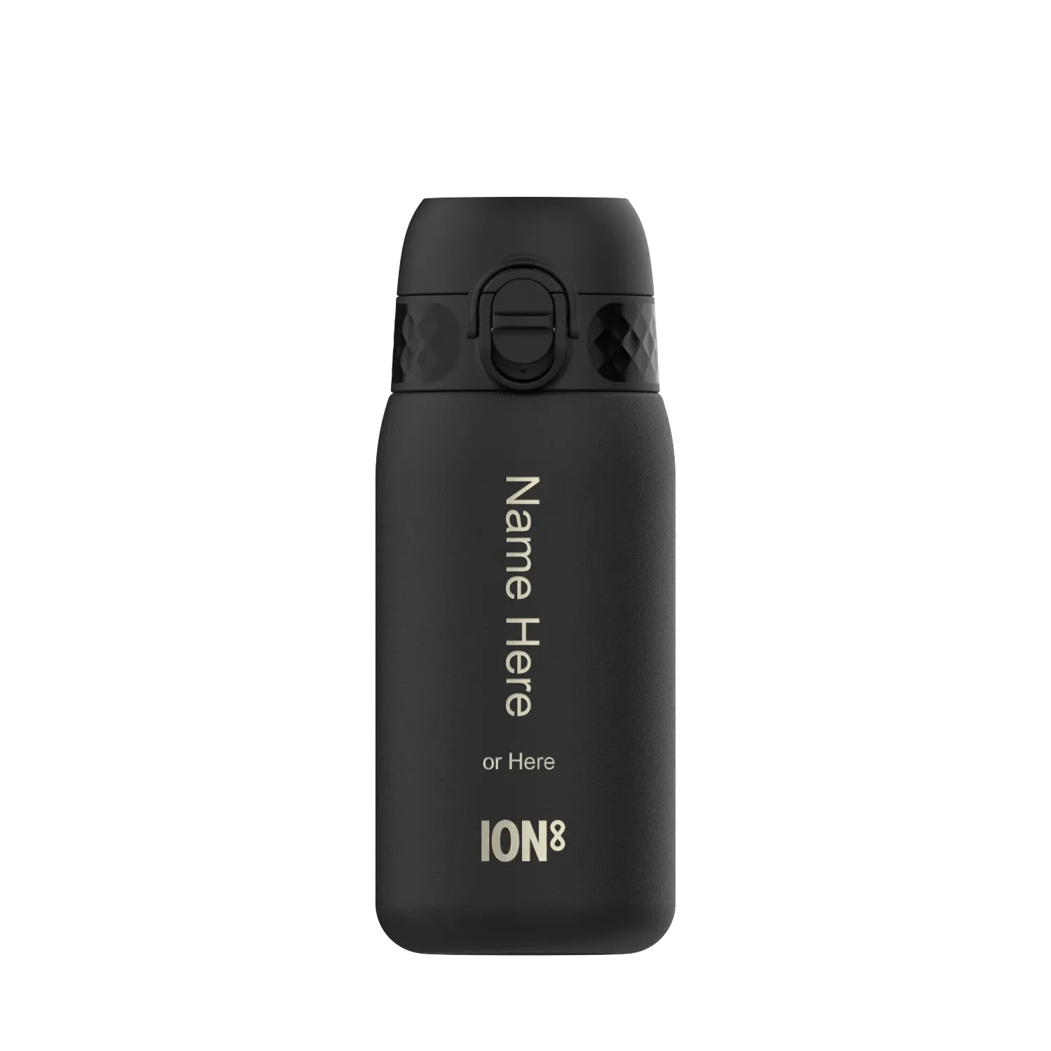 A matte black water bottle with a secure flip-top lid stands against a plain background Text on the bottle includes Name Here or Here ION8