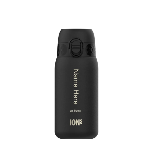 A matte black water bottle with a secure flip-top lid stands against a plain background Text on the bottle includes Name Here or Here ION8